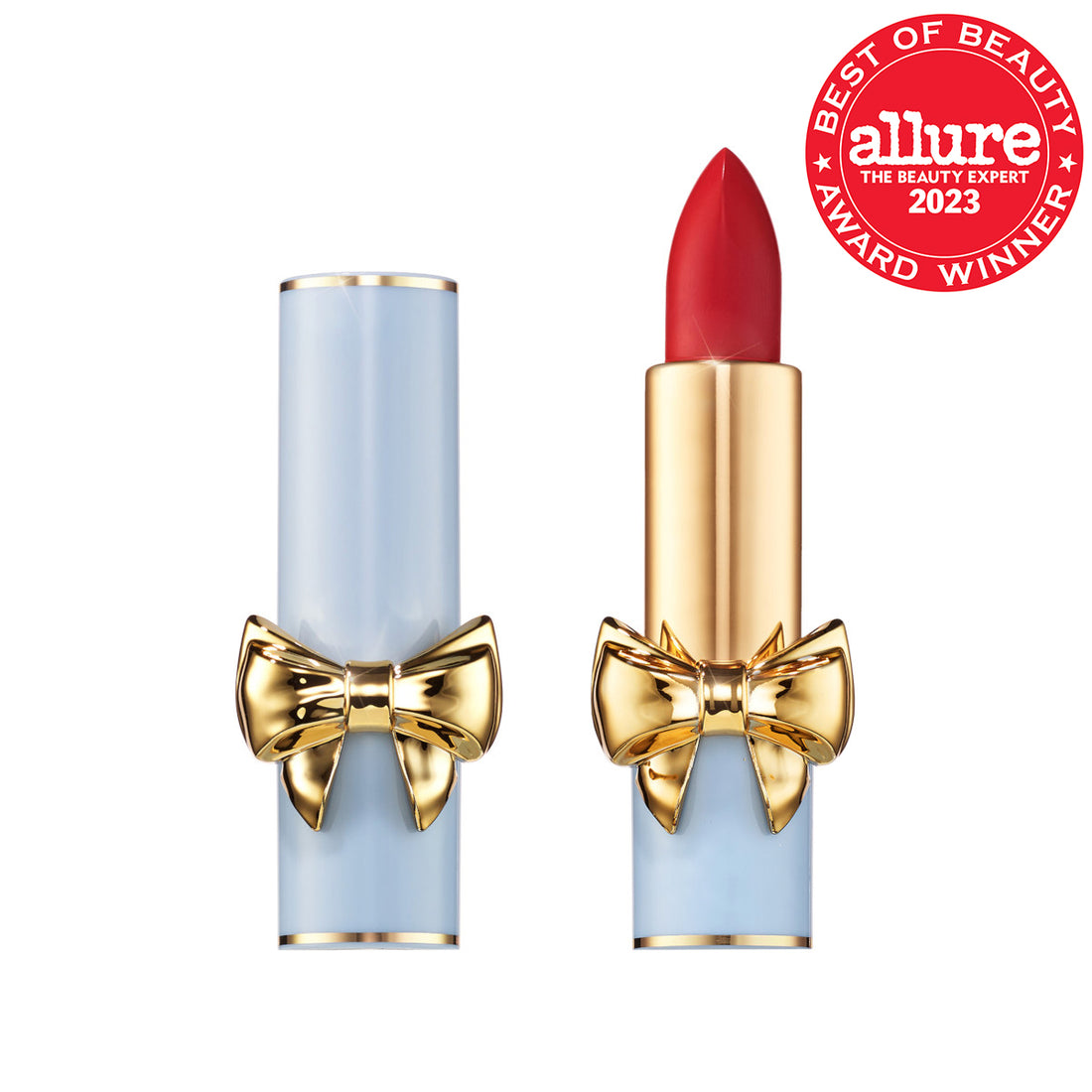 An open and closed blue and gold tube of lipstick in a red shade